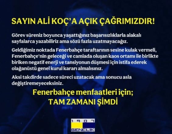 Fenerbahçe'de "İmza toplanırsa aday olmam" demişti! 100'lerce kongre üyesinden oluşan 1907 Gençlik Tribünü'nden Ali Koç'a çağrı - Resim : 1