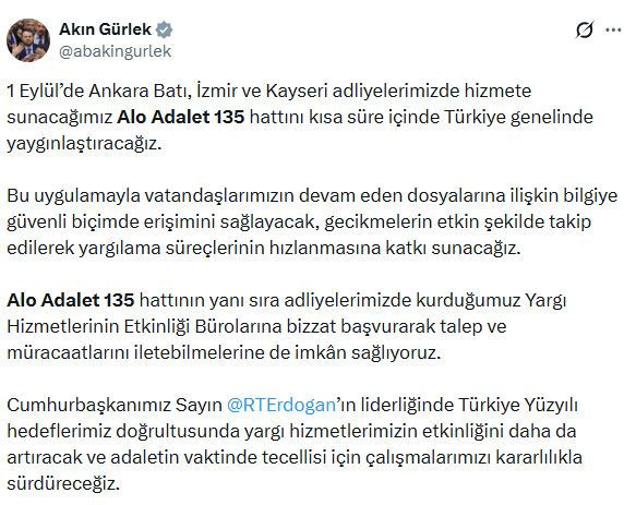 Adalet Bakanı Gürlek'ten 'Alo Adalet 135' açıklaması - Resim : 1