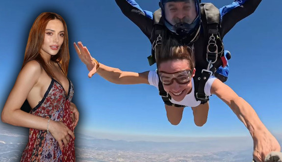Rabia Soytürk paraşütle atladı! Ünlü oyuncunun adrenalin dolu anları olay oldu