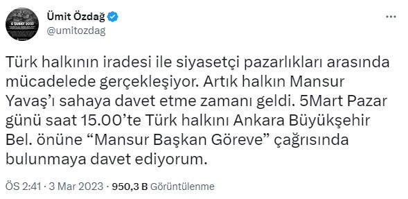 Ümit Özdağ'dan, 'Mansur Başkan Göreve' çağrısı - Resim : 1