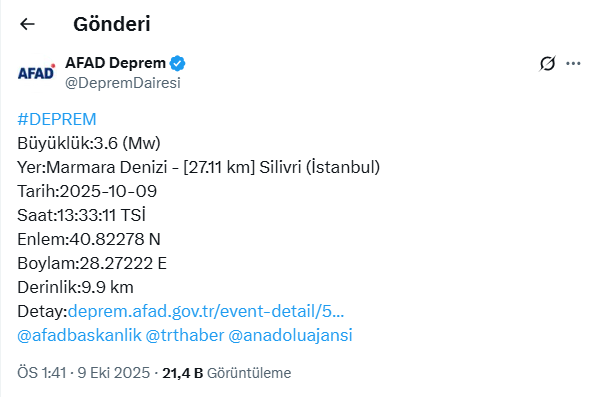 İstanbul'da deprem: AFAD büyüklüğünü açıkladı - Resim : 1