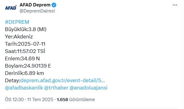 AFAD duyurdu! Akdeniz'de korkutan deprem - Resim : 1