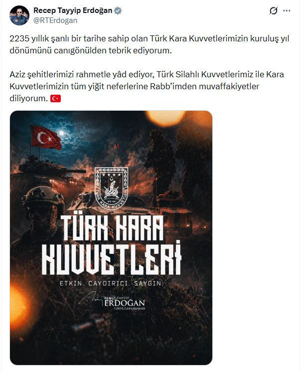 Cumhurbaşkanı Erdoğan, Kara Kuvvetleri'nin kuruluş yıl dönümünü kutladı - Resim : 1