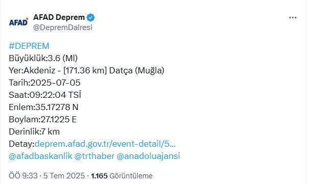 AFAD duyurdu! Muğla'da deprem! - Resim : 1
