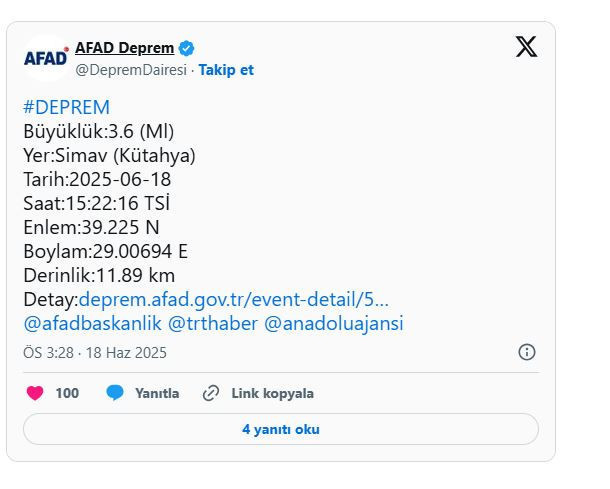 AFAD duyurdu! Kütahya'da deprem! - Resim : 1