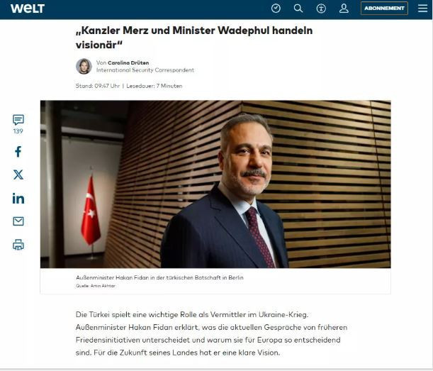 Dışişleri Bakanı Fidan Alman basınına konuştu! AB'ye mesaj: Şimdi sıra Avrupa'da! - Resim : 1