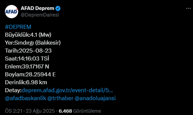 Balıkesir'de 4.1 büyüklüğünde deprem! - Resim : 1