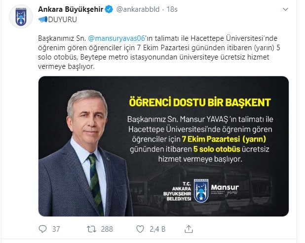 Ankara Büyükşehir Belediyesi'nden öğrencilere ücretsiz otobüs - Resim : 1