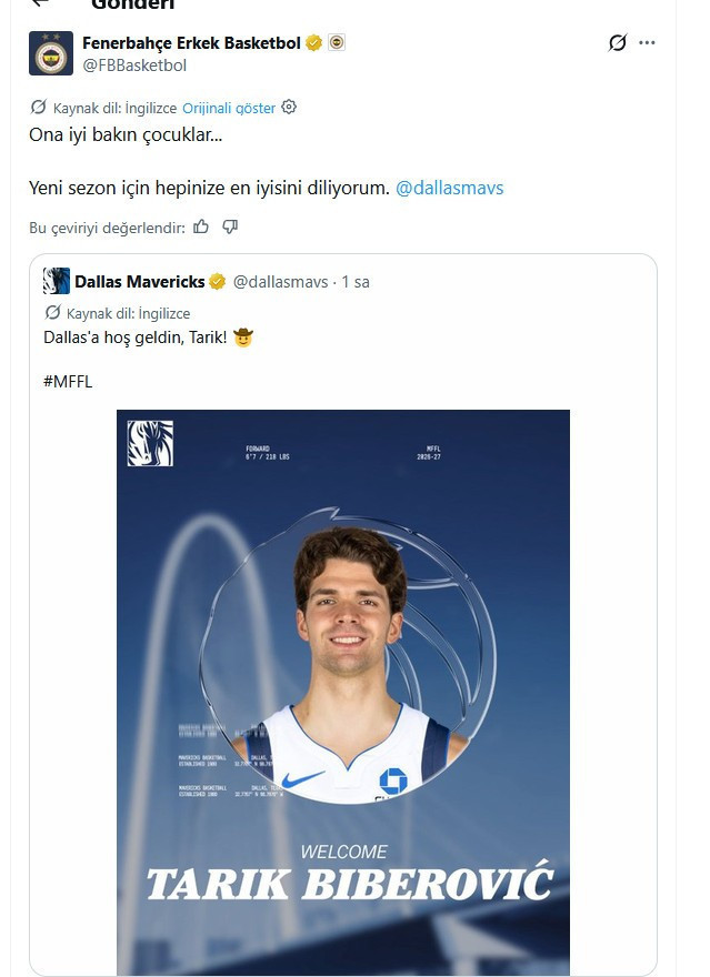 Tarık Biberovic'in transferi resmen açıklandı! Fenerbahçe'den Mavericks'e duygusal mesaj - Resim : 1
