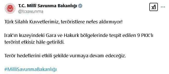 MSB: Irak'ın kuzeyinde 9 terörist etkisiz hale getirildi - Resim : 1