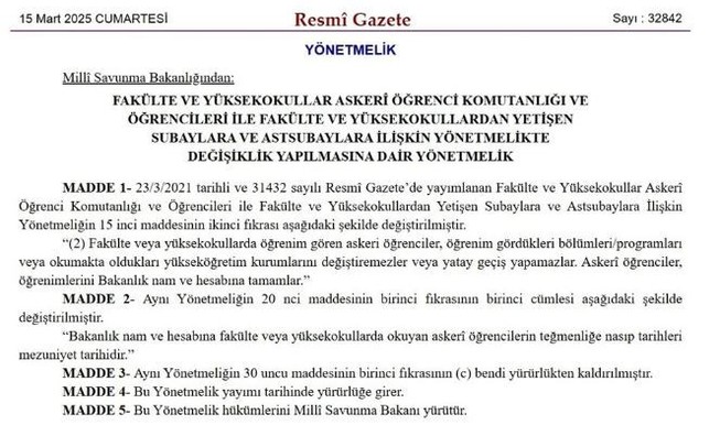 Askeri öğrencilerin yatay geçişine yasak! Resmi Gazete'de yayımlandı - Resim : 1