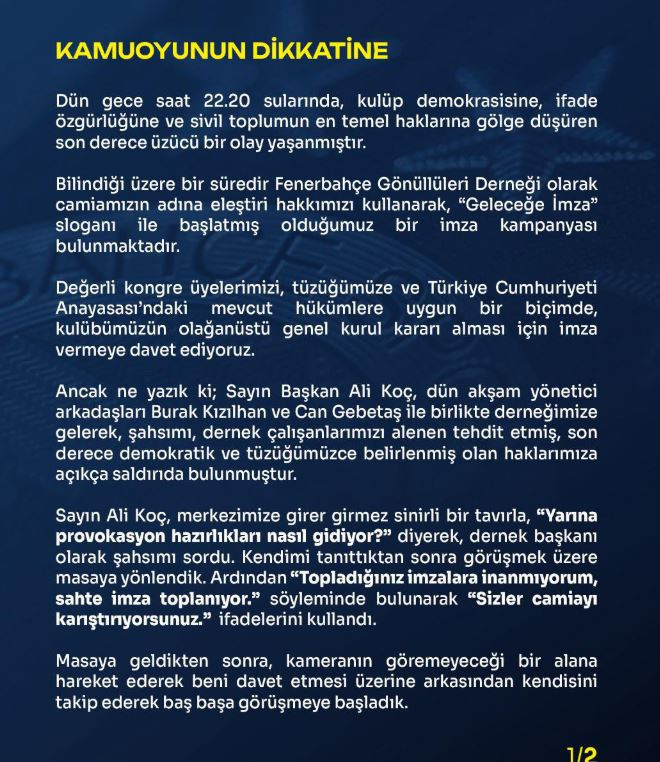 Fenerbahçe'de olaylı gecenin kahramanından son dakika açıklaması: "Ali Koç derneğe gelip beni tehdit etti" - Resim : 1