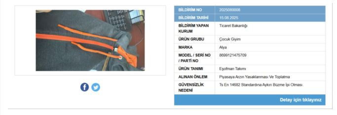 Ticaret Bakanlığı'ndan uyarı! Çocuk eşofmanında büyük tehlike! Satışı yasaklandı - Resim : 1