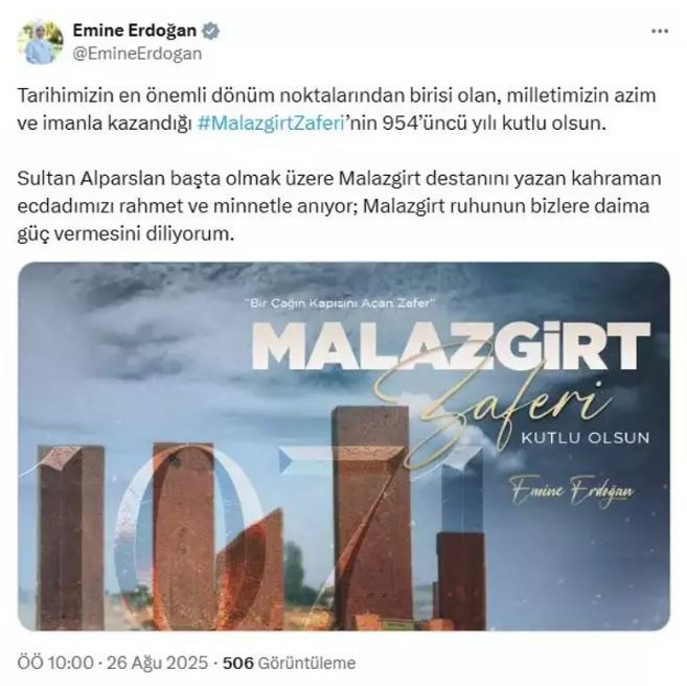 Emine Erdoğan: Malazgirt Zaferi'nin 954'üncü yılı kutlu olsun - Resim : 1