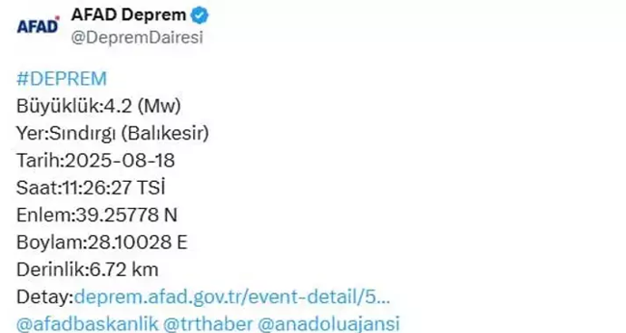 Balıkesir'de 4.2 büyüklüğünde deprem - Resim : 1