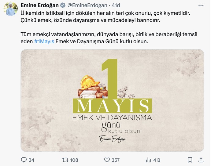Emine Erdoğan'dan 1 Mayıs Emek ve Dayanışma Günü mesajı - Resim : 1