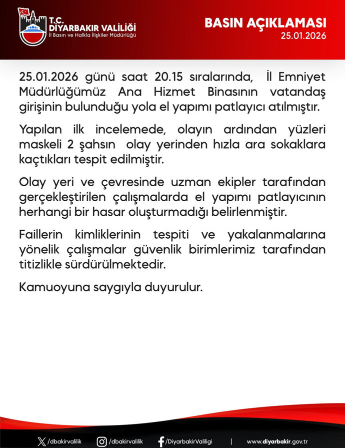 Diyarbakır Valiliği duyurdu! Emniyet Müdürlüğü'ne saldırı girişimi - Resim : 1