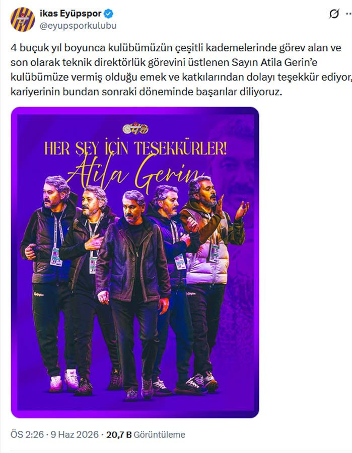 Eyüpspor’da Atila Gerin dönemi sona erdi! Yeni takımı belli oldu - Resim : 1