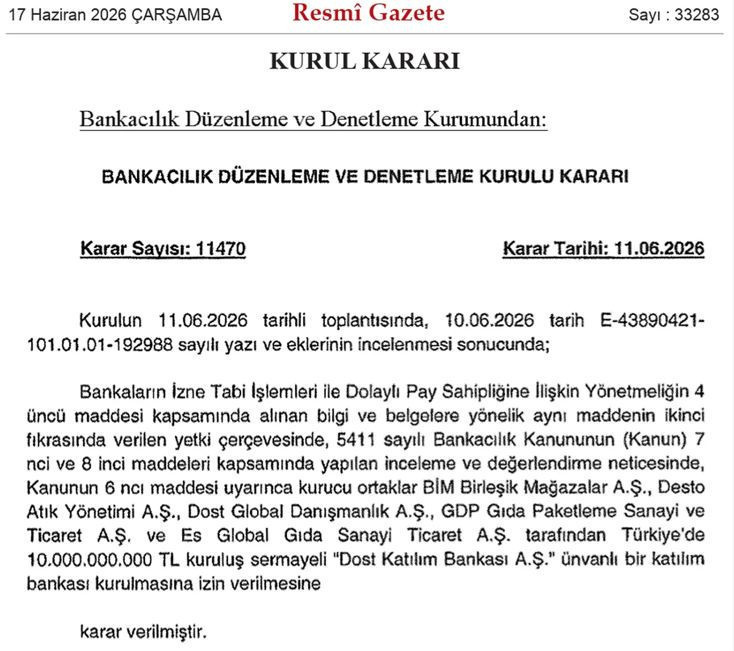 BDDK onayladı, Resmi Gazetede yayımlandı! Yeni katılım bankası kuruluyor! Aralarında ünlü market de var - Resim : 1