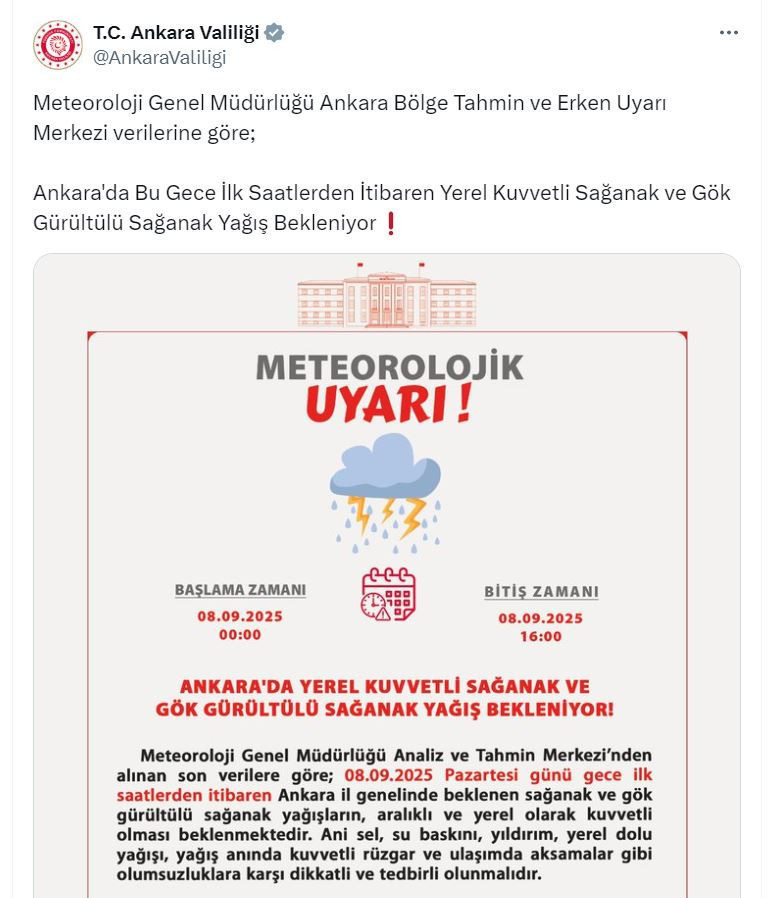 Ankara Valiliği'nden gök gürültülü sağanak uyarısı geldi! - Resim : 1