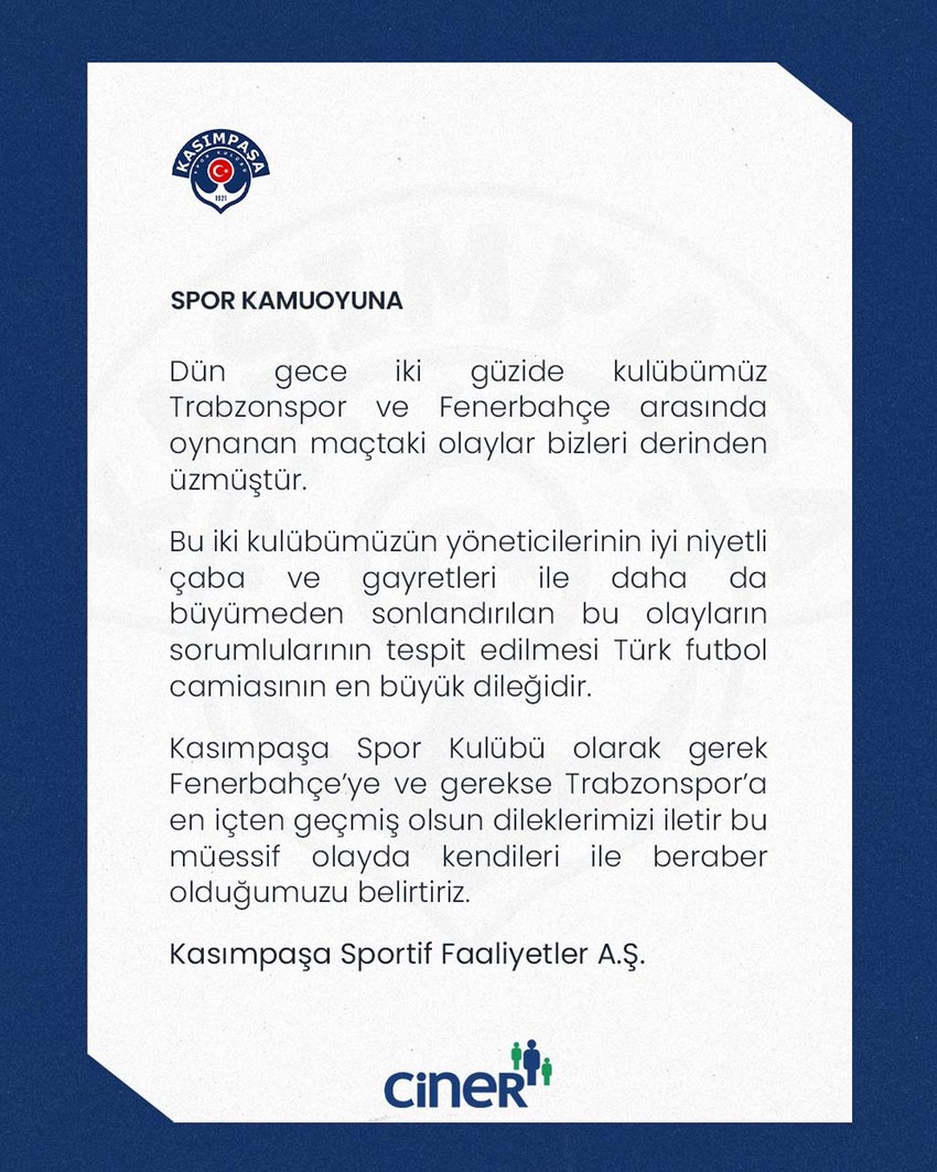 Kasımpaşa’dan Trabzonspor – Fenerbahçe maçı hakkında açıklama! - Resim : 2