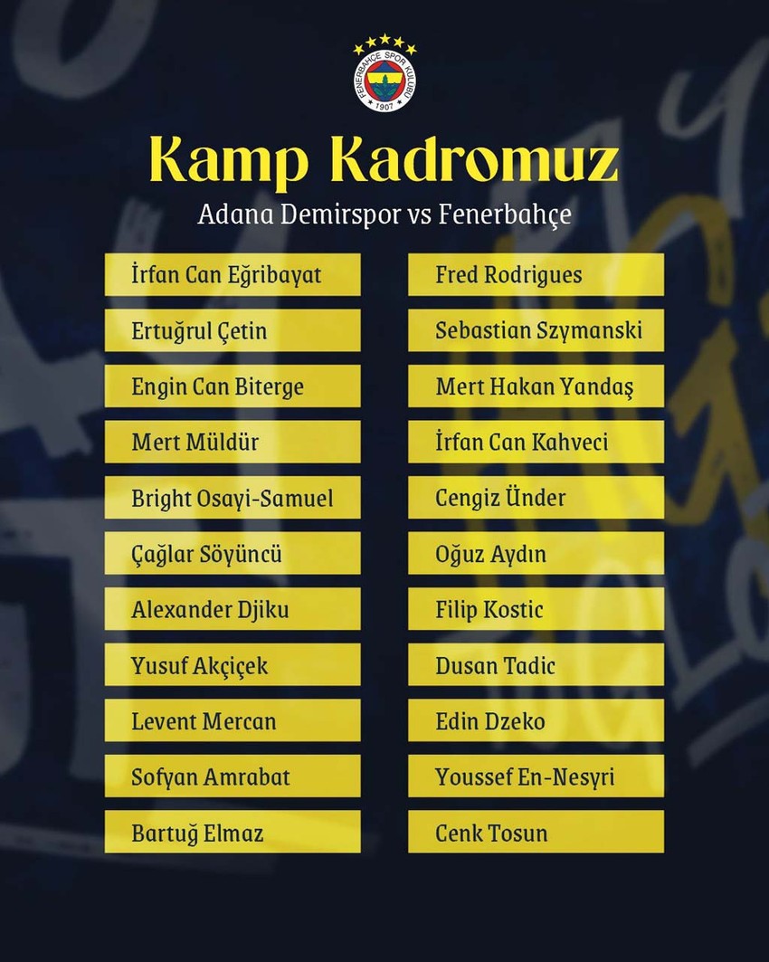 Fenerbahçe’nin Adana Demirspor maçı kamp kadrosu açıklandı! 6 eksik var! Yıldız isim kesik yedi - Resim : 1