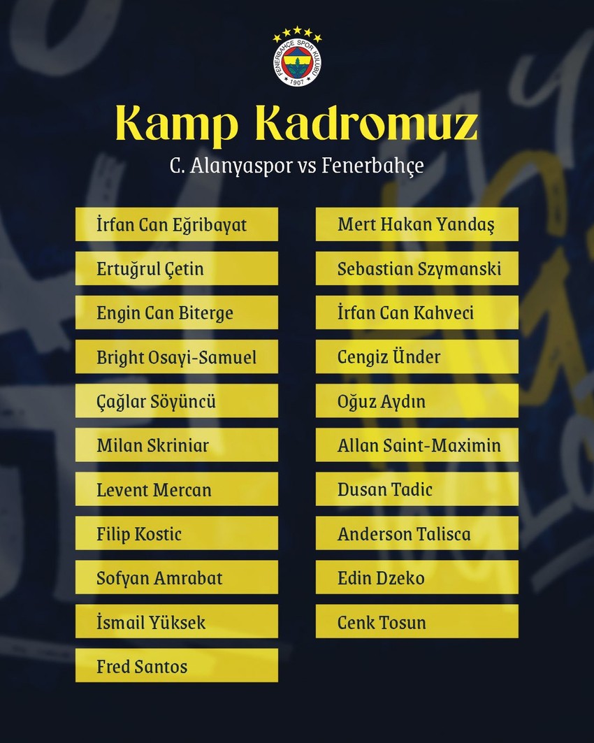 Fenerbahçe’nin Alanyaspor maçı kamp kadrosu açıklandı! 8 isim yok! Yıldız futbolcu geri döndü - Resim : 1