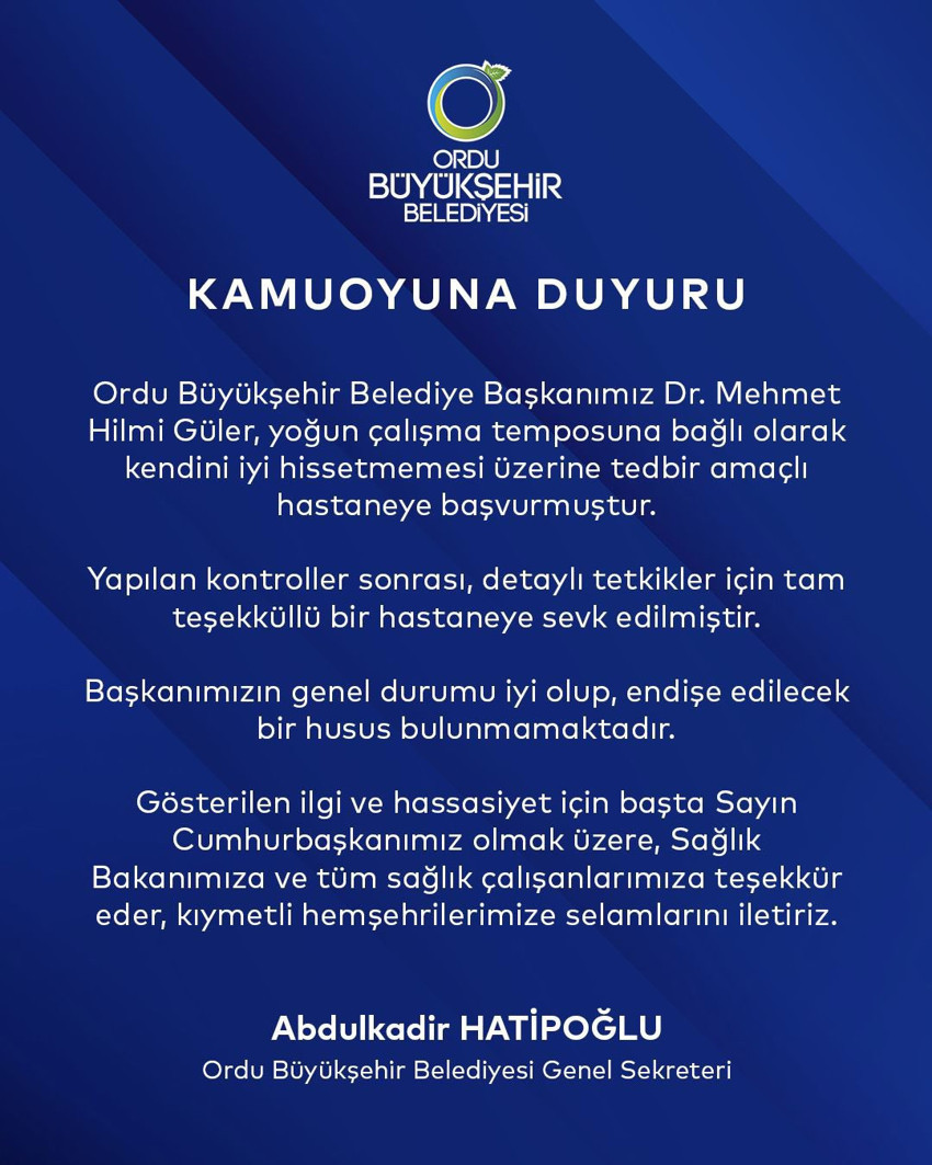 Ordu Büyükşehir Belediye Başkanı Hilmi Güler hastaneye kaldırılmıştı! Sağlık durumu nasıl? Açıklama geldi! - Resim : 1