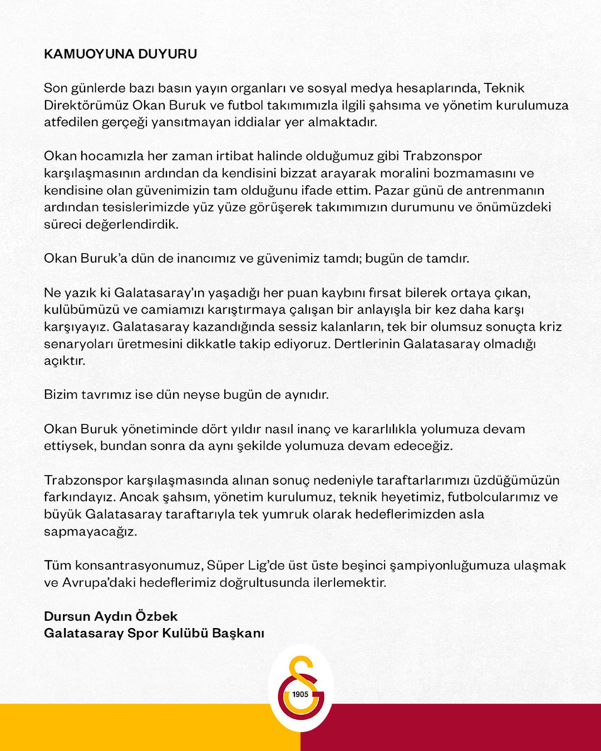 Son dakika! Galatasaray Başkanı Dursun Özbek'ten Okan Buruk için resmi açıklama - Resim : 2