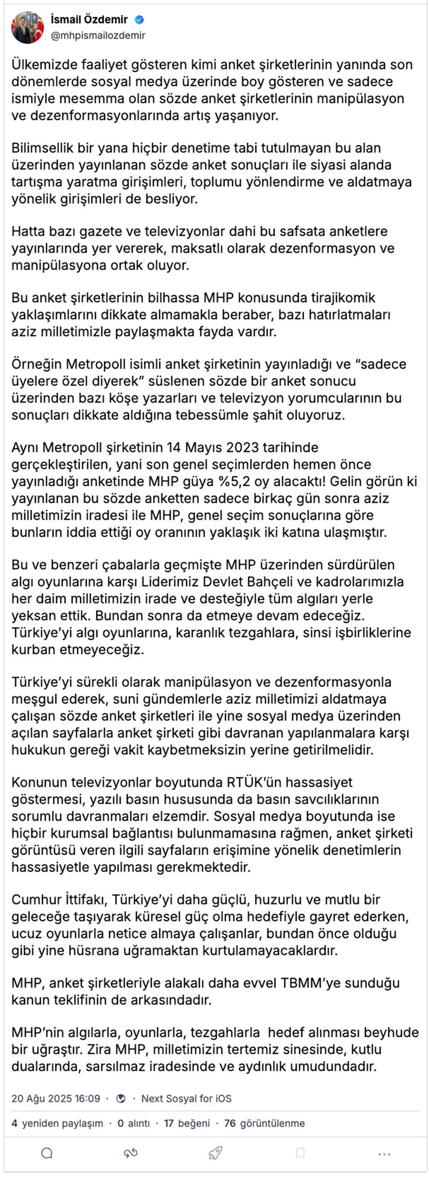 MHP'den anket manipülatörlerine sert tepki: "Bu oyunlarla partimizin hedef alınması beyhude bir uğraştır" - Resim : 1