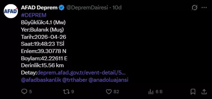 Muş'ta 4.1 b&uuml;y&uuml;kl&uuml;ğ&uuml;nde deprem - Resim : 1