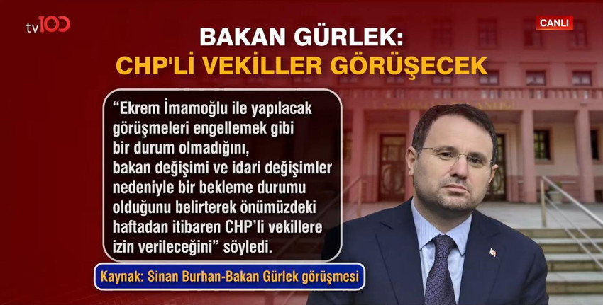 CHP'nin "İmamoğlu ile görüştürülmüyor" iddiaları doğru mu? Bakan Akın Gürlek'ten tv100'e özel açıklama - Resim : 1