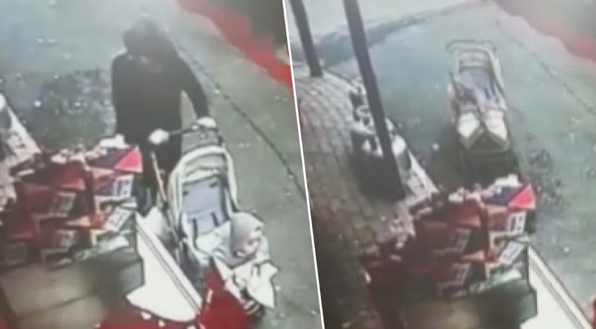 Korku dolu anlar! Bebek arabası kaydı, yürekler ağza geldi