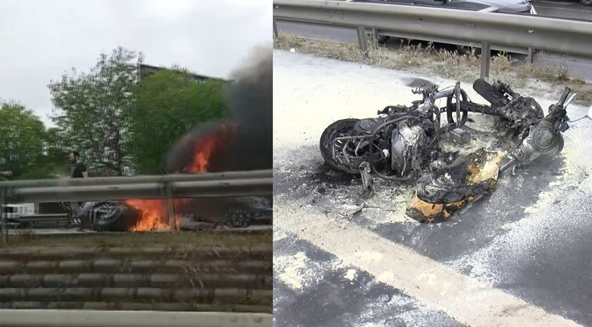 Emniyet şeridinde korkunç kaza! Motosiklet alev aldı!