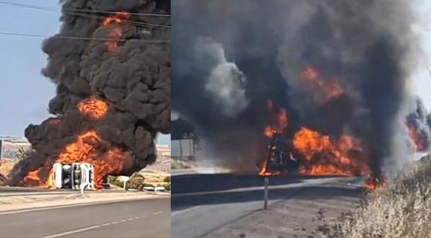 Akaryakıt yüklü tanker alev alev yandı! Korkutan yangın büyüyüp tarlaya sıçradı! Bir evin camı kırıldı! İtfaiye ekipleri müdahale etti!