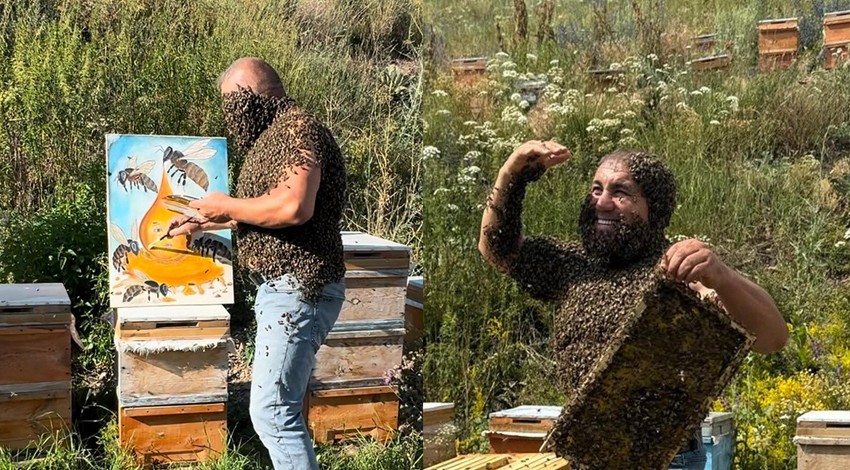 ‘Arı adam’ dan ilginç eylem! Dünya savaşlarına dikkat çekmek için ilginç bir eyleme imza attı!