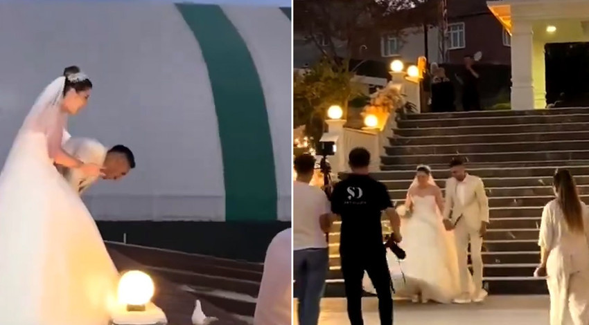 Samsun'da düğünde gelin ve damat merdivenden inerken olanlar oldu