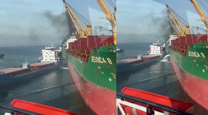 Limandan çıkan gemi, başka bir gemiye çarptı! O anlar kamerada