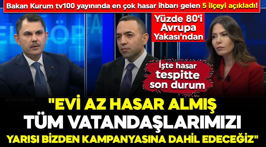 Bakan Kurum tv100'de açıkladı: "Evi az hasar almış tüm vatandaşlarımızı Yarısı Bizden Kampanyasına dahil edeceğiz"