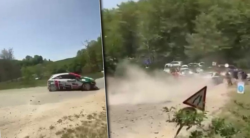 Ralli yarışında faciaya ramak kala! Yarış aracı seyircilerin arasına daldı