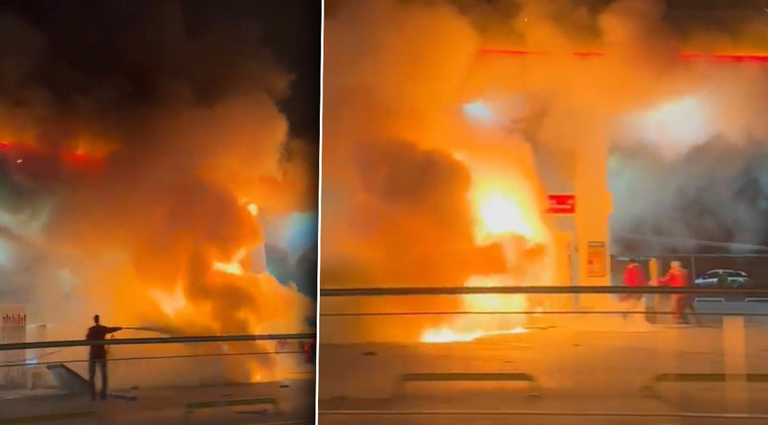 Otomobil akaryakıt istasyonuna daldı! Yakıt alan araç alev topuna döndü: Korku dolu anlar kamerada