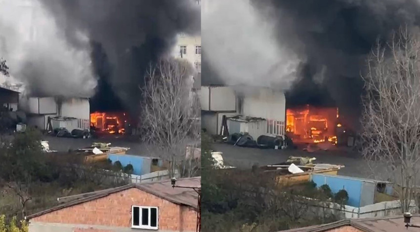 Arnavutköy'de TIR tamirhanesinde yangın