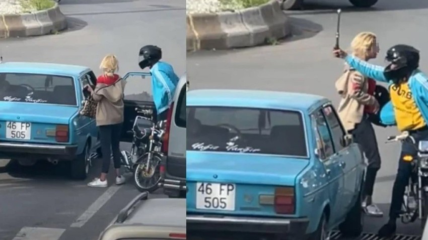 Kahramanmaraş'ta motosiklet sürücüsü otomobilin camını kırdı