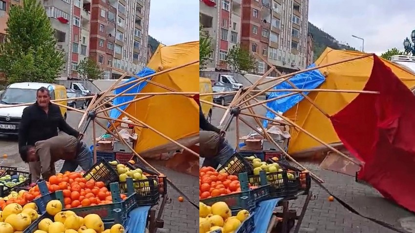 Artvin’de fırtına ortalığı birbirine kattı! Tezgahlar devrildi, sebze ve meyveler yola döküldü