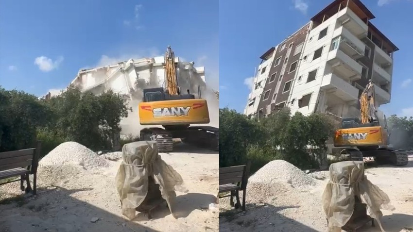 Hatay'da depremde hasar alan bina kontrollü olarak yıkıldı