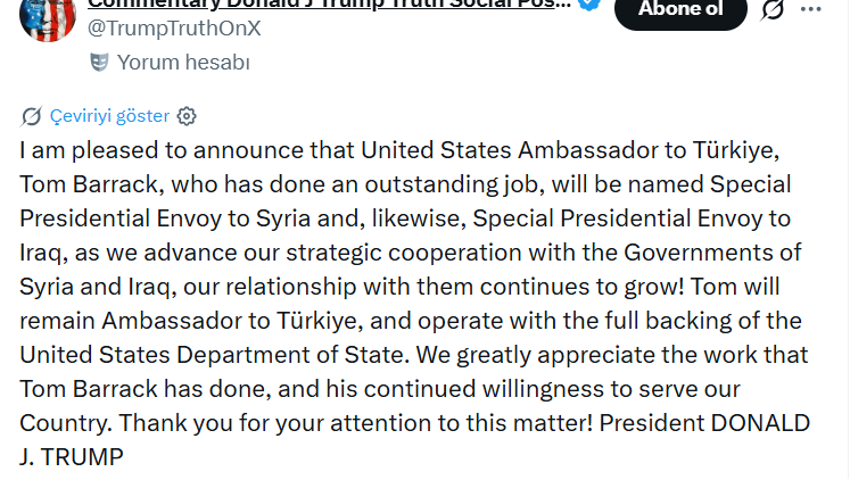 ABD Başkanı Donald Trump duyurdu: Tom Barrack'a yeni görev - Resim : 1