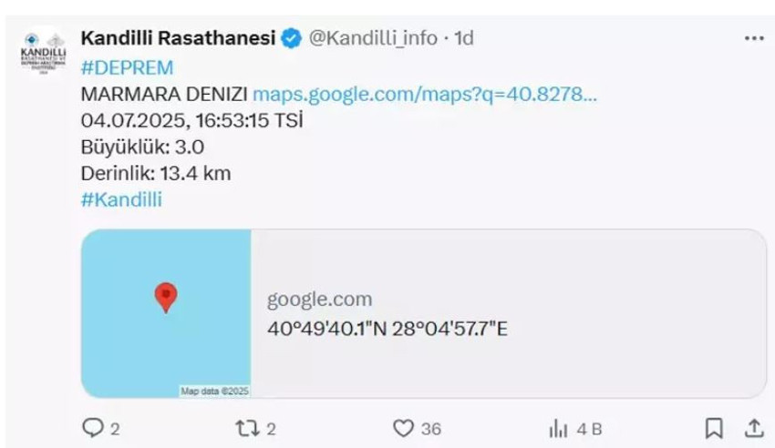 Kandilli duyurdu! Marmara'da deprem! - Resim : 1
