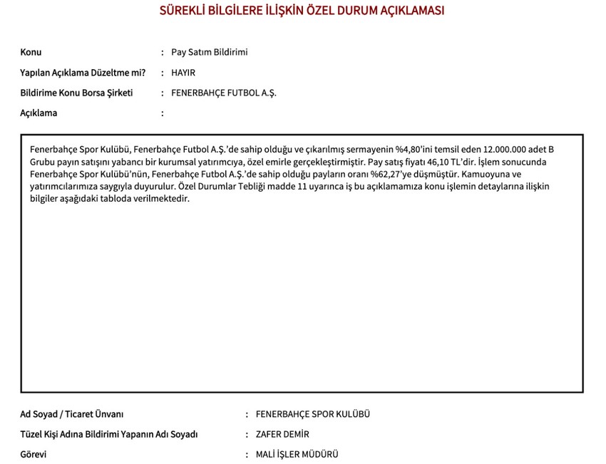 Fenerbahçe, resmen KAP’a bildirdi! Kulübün yüzde 4,80 hissesi yabancı yatırımcıya satıldı! Fenerbahçe açıklama yaptı - Resim : 1