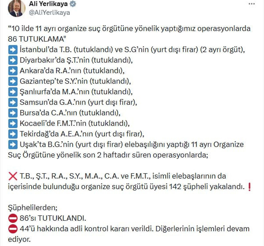 Bakan Yerlikaya: 10 ilde suç örgütü operasyonları: 86 tutuklama - Resim : 1