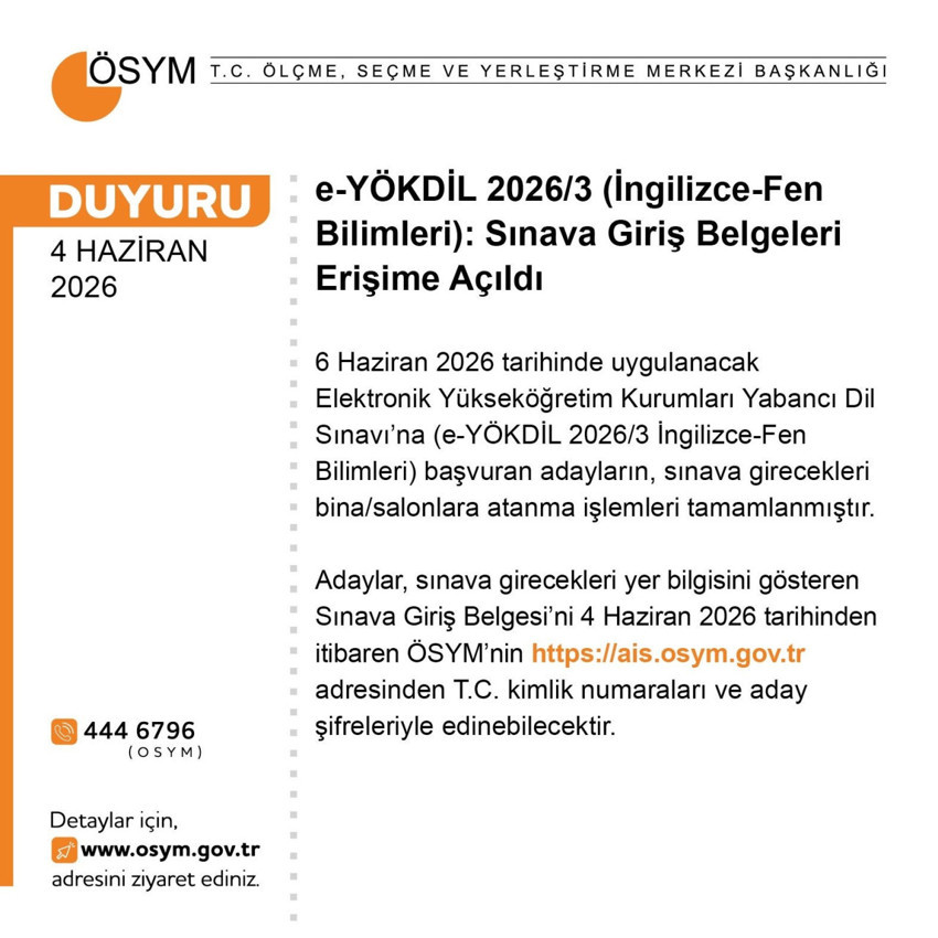 e-YÖKDİL 2026/3 sınava giriş belgeleri erişime açıldı - Resim : 1